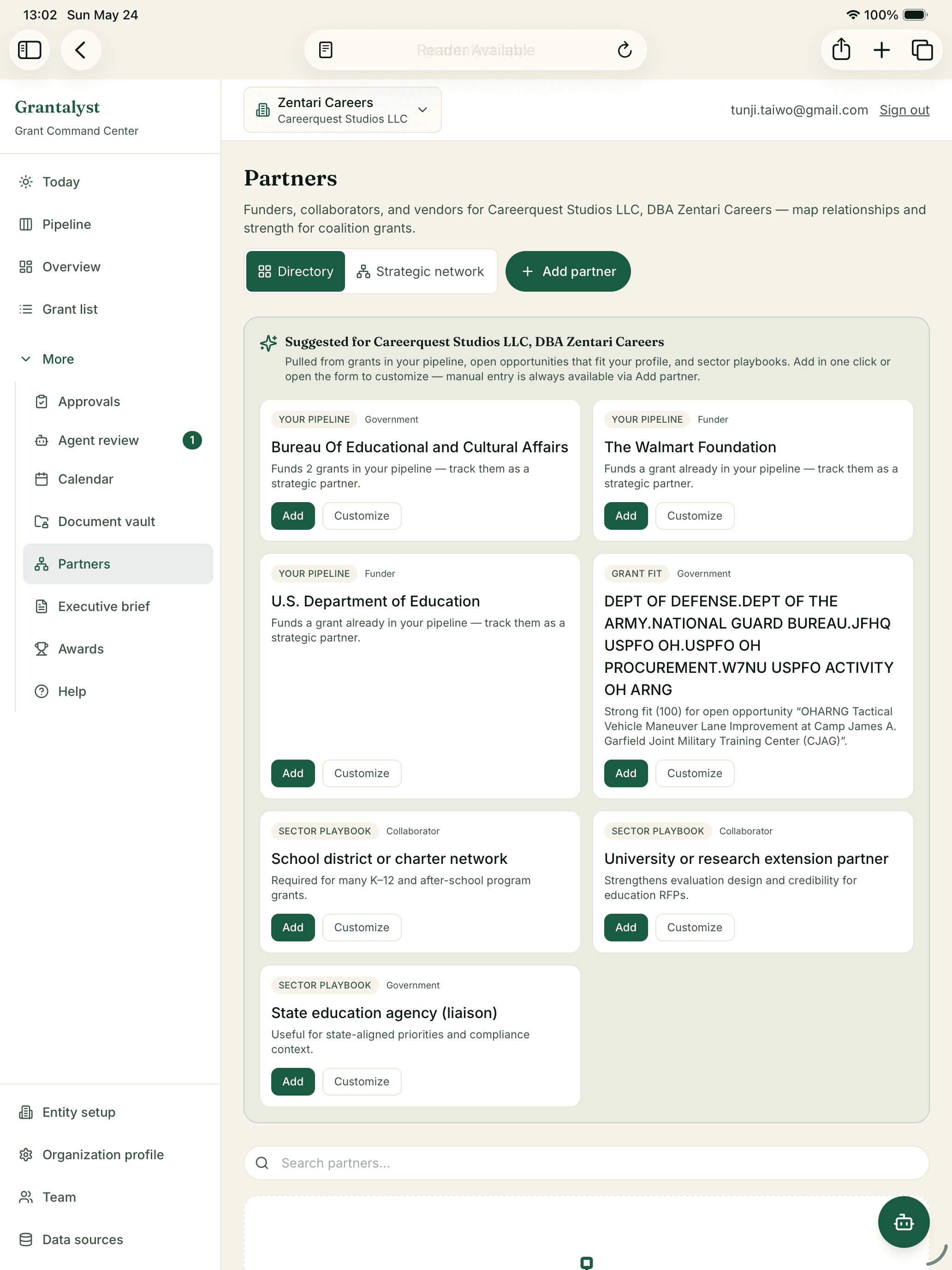 Grantalyst partner intelligence directory and strategic network workspace